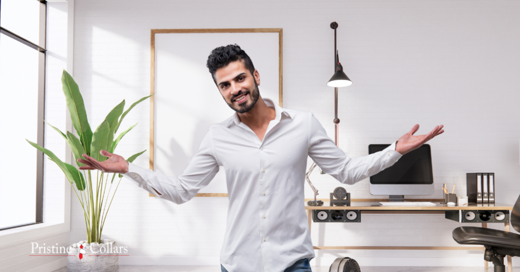 Spray PristineCollars Collar Spray onto the collar of a white dress shirt to prevent sweat and stain buildup.