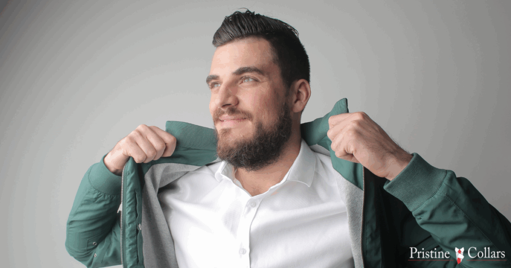 Happy guy dressed to impress with stain-free collar.