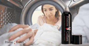 PristineCollars Collar Spray on a white dress shirt collar to prevent yellow stains and sweat buildup.