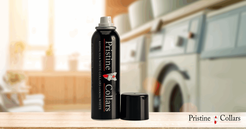 Laundry room essentials including detergent, steamer, and PristineCollars Collar Spray on a shelf.