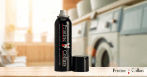 Laundry room essentials including detergent, steamer, and PristineCollars Collar Spray on a shelf.