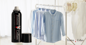 Close-up of neatly hung dress shirts, with PristineCollars Collar Spray placed on a nearby shelf.
